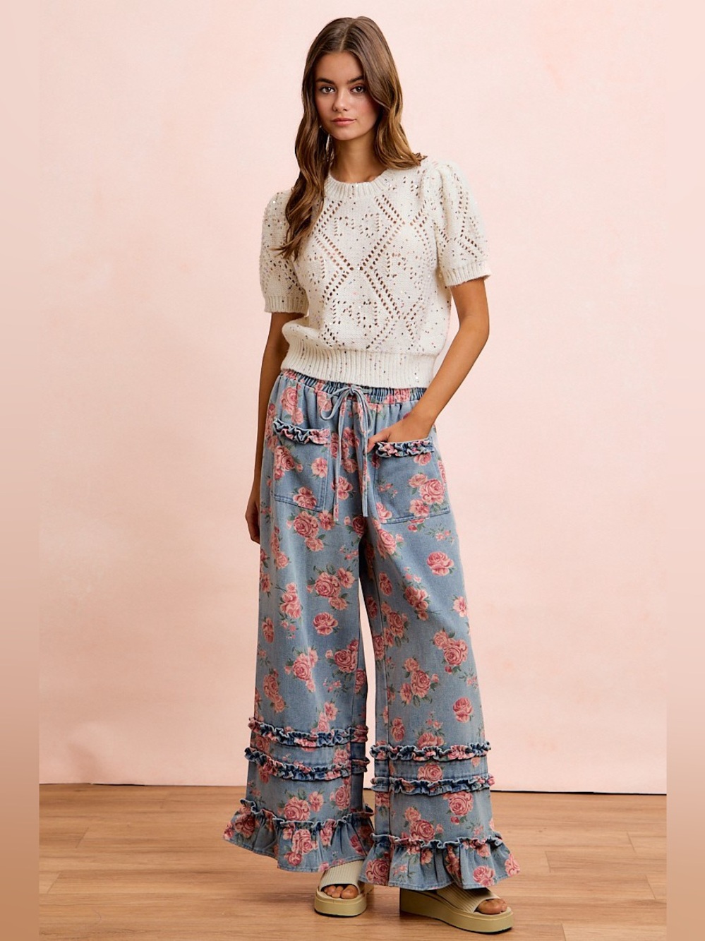BiBi Washed Floral Denim With Ruffle Elastic Wide Pants 10010094801 - Picture 6 of 13